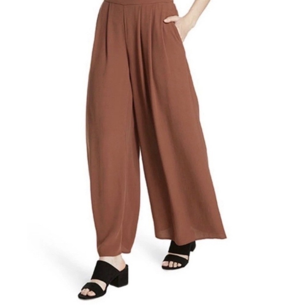 Eileen Fisher Brown Pleated Wide Leg Palazo 100% Silk Trousers Size 14